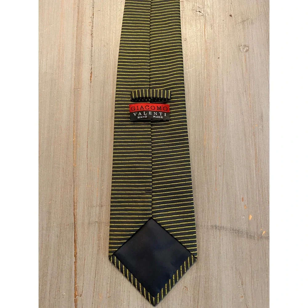 Giacomo Valenti Navy Blue Yellow Striped Silk Handmade Necktie Mens Tie